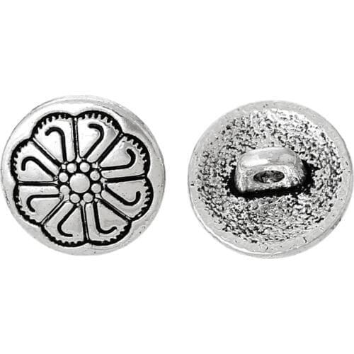 DoreenBeads Metal Shank Button Round Antique Silver color Single Hole Flower Pattern 12mm Dia,50 PCs 2017 new