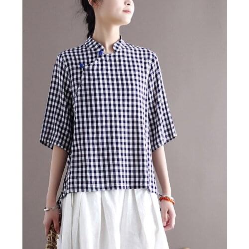 Johnature Women Plaid Blue Shirts And Tops Stand Vintage Blouses 2021 Summer New Cotton Linen Clothes Button Seven Sleeve Shirts