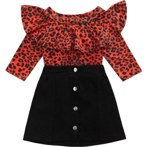 2-6Years Baby Girls Clothes Set, Leopard Print Long Sleeve Off-shoulder Tops+Solid Color Short A-line Skirt
