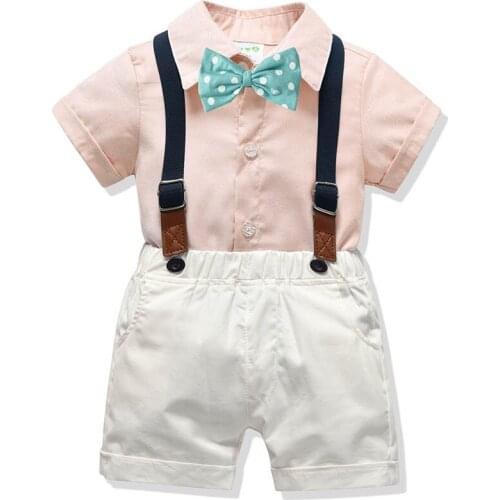 Baby Boy Gentleman Clothes Boy Set Summer Formal Clothes Set Wedding Birthday Kids Overall Suit Pink Shirt +Belt Pant+Tie 3Pcs