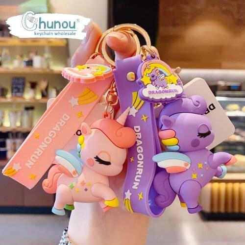 Creative Kawaii Rainbow Pony Keychain Cute Flying Pony Animal Key Chain for Woman Bag Keyring Jewelry Pendant Couple Gifts