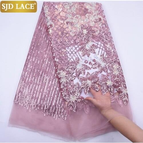 SJD LACE New Sequins Design French Tulle Lace Fabric High Quality Sequined African Mesh Lace Fabric For Wedding Party Sew A2074
