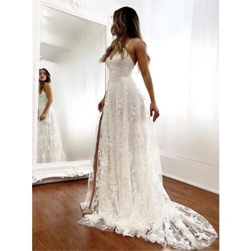 Boho Lace Wedding Dresses for Bride Long Sweep Train V Neck Spaghetti Straps Split SideBridal Gowns vestido de noiva