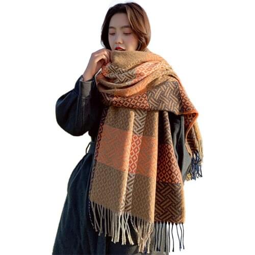 Fashionable Women Plaid Scarves Winter 2021 Warm Tassel Imitation Cashmere Thick Female Scarf For Outdoor Warm Long Shawl