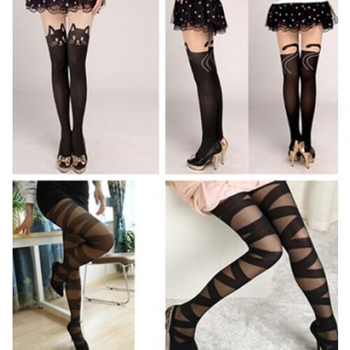 Cartoon Tights Pantyhose Women Sexy Stockings Cat Pattern Print Cross Strap Spring Autumn Medias Pantis Woman Collant Femme