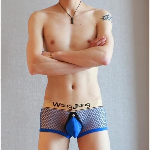 Men Sexy Gay Open Back Underpants Sexy Mens Mesh Boxers Shorts Breathable Bikini with Cock Ring Ropa Erotica Hombres WJ Brand