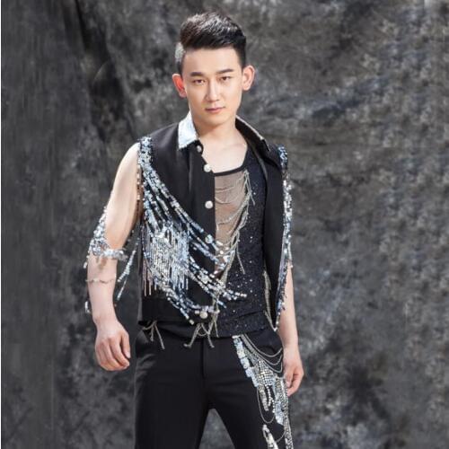 Sequins Personality Slim Male Sleeveless Tassel Vest Men Punk Rock Costumes Hombre Chalecos Singer Dance Stage Star Black Street