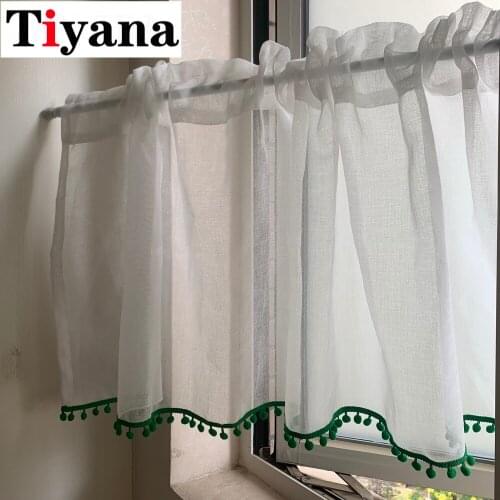 Nordic style Solid White Short Curtains For Kitchen Green Lace Hem Decor Cabinet Door Tulle Voile Window Drapes