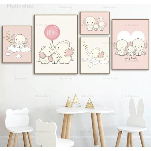 Pinky Elephant Love Family Cloud Cartoon Wall Art Canvas Painting Nordic Posters and Prints Wall Pictures Baby Kids Room Decor