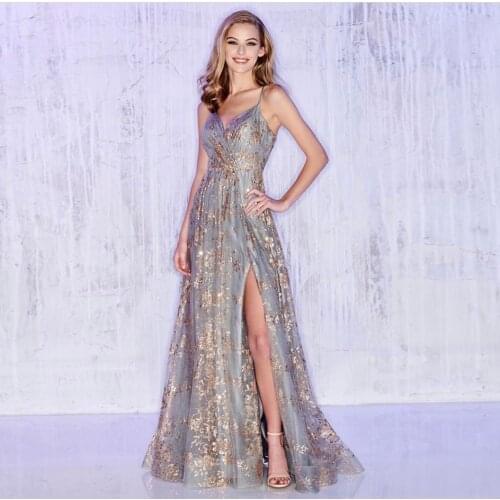 Zann Toh Elegant Prom Dresses Long 2020 Sexy V-neck High Shit A-line Long Party Dress Gowns For Women