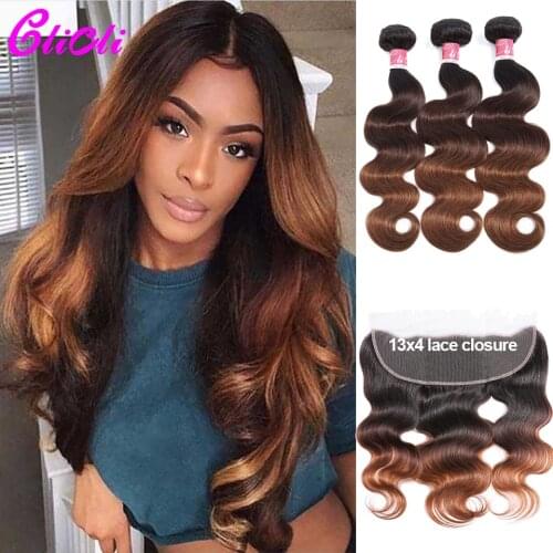 Blonde Body Wave Bundles With Frontal Closure T1B 4 30 Ombre Brown Brazilian Human Hair Weave Bundles With 13x4 Lace front Remy