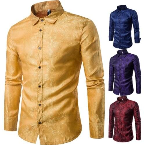 Mens Clothing Fashion Paisley Print Men Shirts High Quality Long Sleeve Shiny Slim Fit Party DJ Nightclub Dress Shirts Blouse