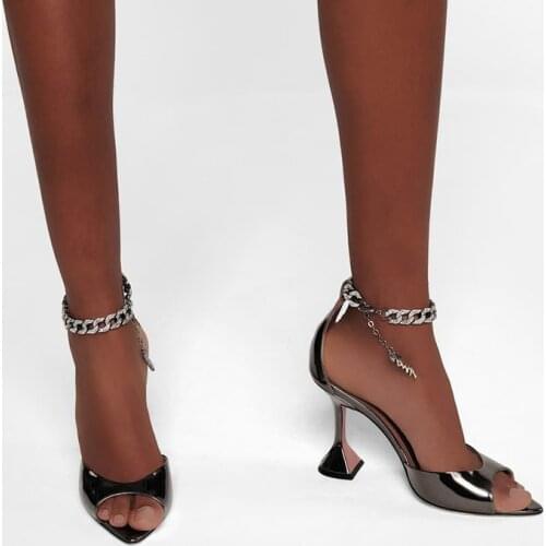 Womens shoes 2021 new leather fish mouth chain sandals female bag with black and white patent leather fashion high heels