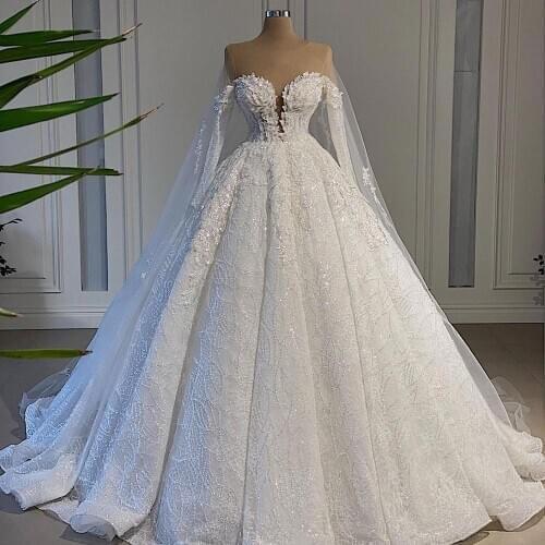 Vestido De Noiva New Longe A Line Wedding Dresses Strapless Lace Beads Crystal Beads Dresses Mariage Bride Dresses