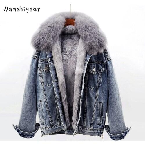 Fox Fur Collar Denim Jacket Women Thicken Warm Winter Cotton-Padded Jackets Female Detachable Rabbit Fur Liner Jean Parka Coats