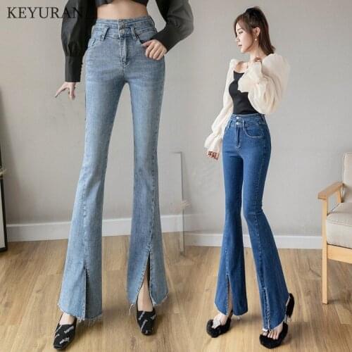 2021 Fashion Boyfriend Women Denim Jeans High-waist Flare Jeans for Women Side Split Jeans Vintage Female Long Denim Pant Capris