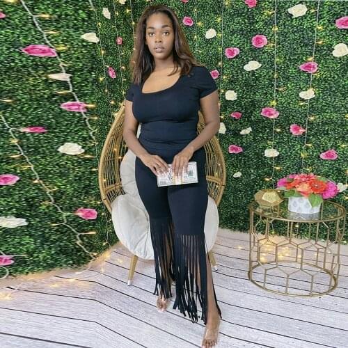 Women Solid Fitness Two Piece Matching Set Y2K Clothes Low Neck Short Sleeve T-shirts and Tassels Spliced Trouser Co Ord Suit