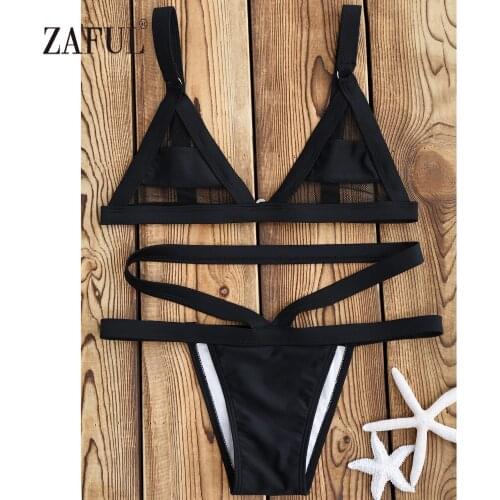 ZAFUL Bikini Mesh Panel Bandage Women Swimsuit Swimwear Bathing Set Sexy Bralette Spaghetti Straps Solid Biquni Swimming Suit