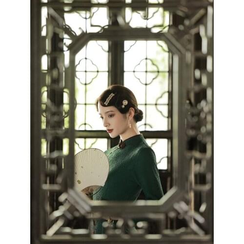 H.RONG.X 2021AW Retro Chinese Cheongsam Dress Traditional Orient Green Women Chipao Elegant Old Shanghai Bodycon LongGown Qipao