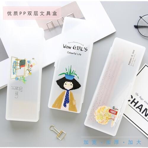 1pcs pencil case cartoon series transparent matte plastic student pencil box simple stationery box double pen box