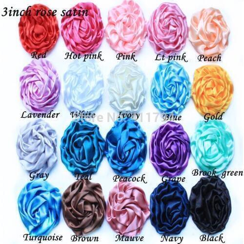 100pcs/lot , 3" Satin rolled Flowers , satin fabric headband flower for girls accessories (20 colors for selection)