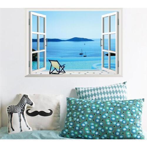 3d Windows Wall Stickers Sea Beach Hill Island Decals Landscape Scenery Mural Art Living Room Home Decoration Diy Posters 1430