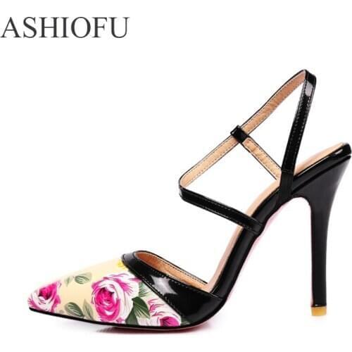 ASHIOFU New Womens High Heel Pumps Flower Leather Slingback Party Prom Dress Shoes Fashion Countryside Court Shoes