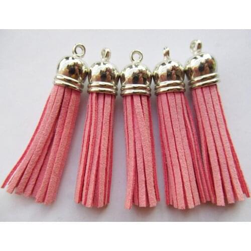 Free Shipping 100Pcs 59mm Pink Suede Leather Jewelry Tassel For Key Chains/ Cellphone Charms Top Plated End Caps Cord Tip
