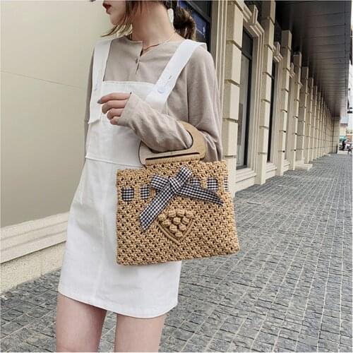 Bohemian Womens Cotton Rope Woven Handbags Summer Straw Beach Bag Bowknot Female Tote Bag Fashion Brand Designer Shopper Purse