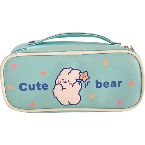 PU Pencil Case With Handle And Slot Large Capacity Makeup Brush Pen Organizer Bag 22.5*11*6cm Zipper Closure Cases Kawaii