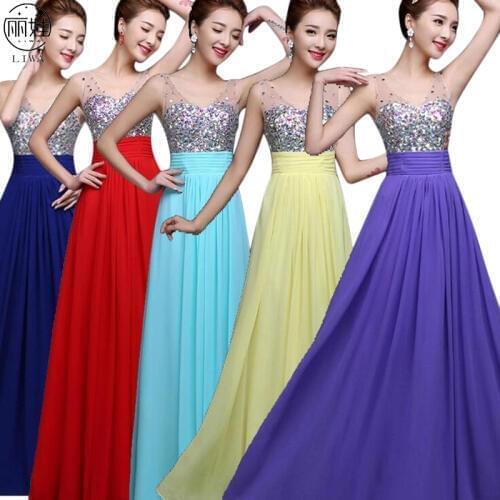 V Neck Long Evening Dresses High Waist Zipper Up Chiffon Diamond Wedding Party Dress A-line Sleeveless Robe De Soiree LF44