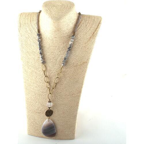 MOODPC Fashion Jewelry Natural Stone Long Chain Metal Link Gray Stone Drop Pendant Necklaces For Women Ethnic Necklace