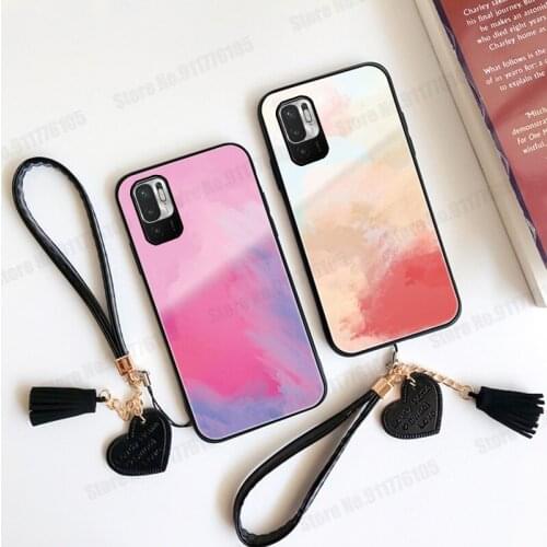 Tempered Glass Soft Bumper Shockproof Case For Redmi Note 10 Pro 5G POCO F3 M3 Pro K40 K30 Gradient Watercolor Wristband Cover