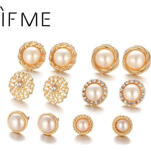 IF ME 6Pairs/set Round Crystal Stud Earrings Sets Women Female Simulated Pearl Flower Ear Studs Party Wedding Gift Gold Color