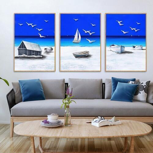 Nordic Simple Mediterranean Fresh and Tranquil Beach Gull Sailing Oil Painting Living Room Decorative Canvas Painting Frameless