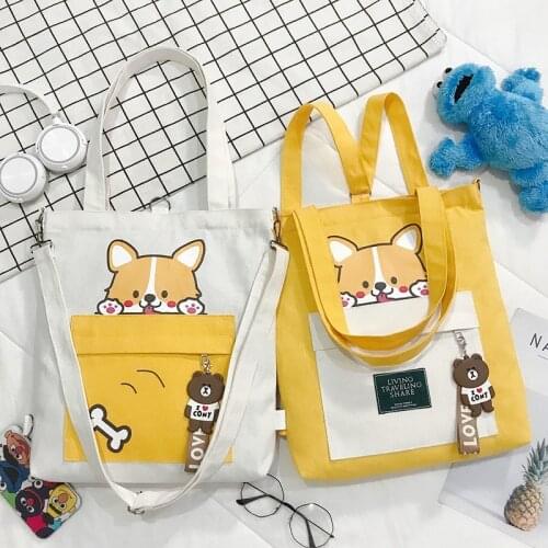 New Women Canvas Shoulder Bags Foldable Shopping Bag Cartoon Dog Tote Package Crossbody Bags Girls Students Traveling Handbag