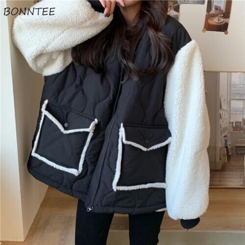 Short Style Parkas Women Korean Style Loose Thicker Pockets Female All Match Simple Patchwork College Fashion Leisure Winter New