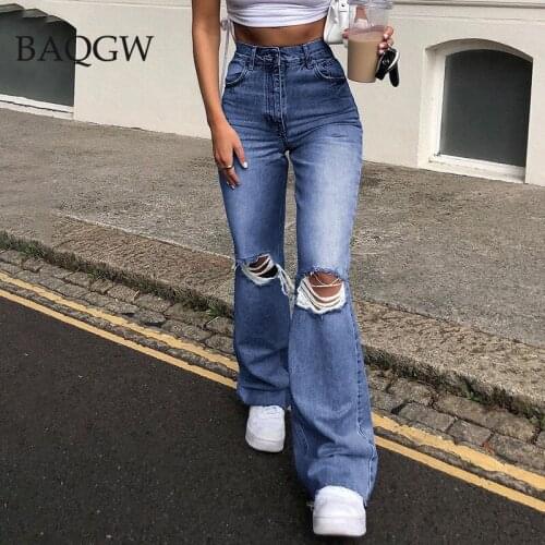 Harajuku Ripped Jeans Women Sexy Flared Cutout Denim High Waist Wide Leg Pants Women Spring Denim Streetwear Skinny Trousers