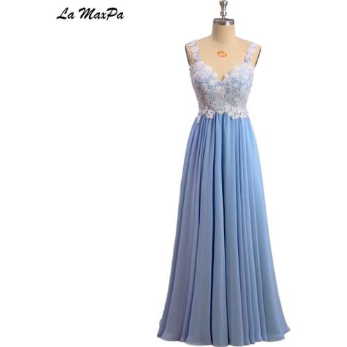 Contract Color Ivory And Blue Lace Top Chiffon Prom Dress CMT08