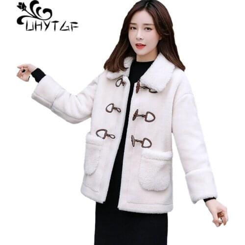 UHYTGF Lambswool Autumn Winter Fur Coat Women Fashion Horn Button Elegant Student Short Tops Casual Warm Plus Size Jacket 1365