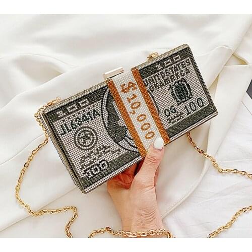 Stack of Cash Crystals Women Money Evening Clutch Bags Diamond Painting Chain Wedding Dinner Purses and Handbags Luxury Designer