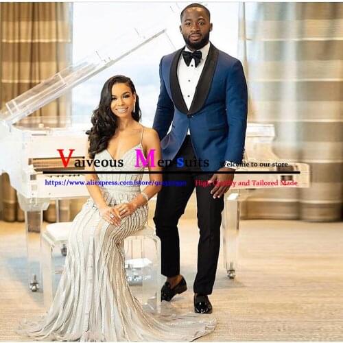 Dark Blue Groomsmen 2 Pieces Shawl Lapel Groom Tuxedos Men Suits Wedding/Prom/Dinner Best Man Blazer(Jacket+Pants) Costume Homme