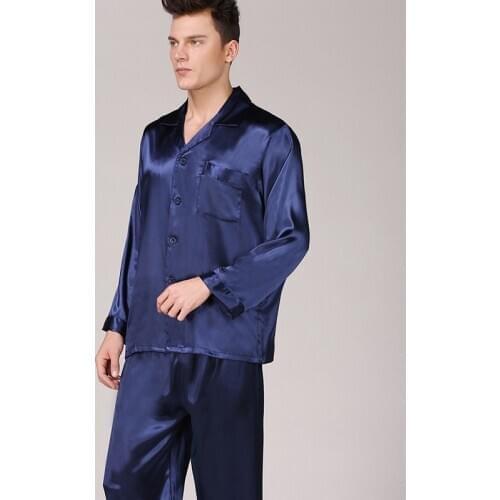 FZSLCYIYI Spring Long Sleeve Pants Silk Pajama Sets Sleep Blue Satin Sleepwear Rayon Men Pyjamas Nightwear Homewear
