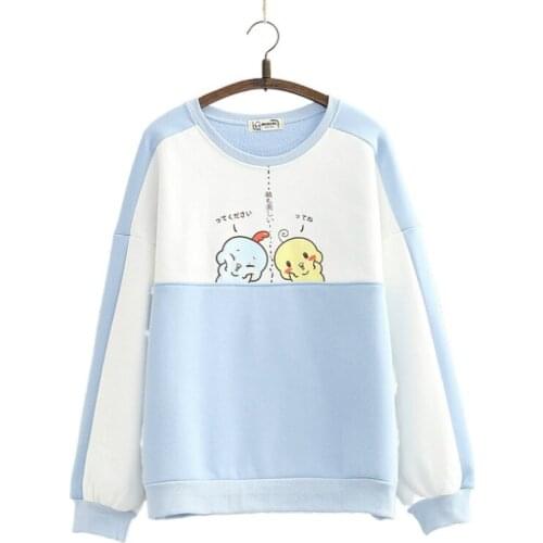Fleece Women Hoodies Sweatshirts Sweet Style Cartoon Print Patchwork Pullover 2021 Autumn Winter Thick Loose Cute Tracksuits