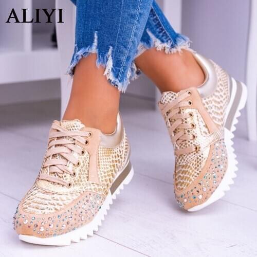 Womens Sneakers 2021 Autumn Fashion Lace Up Wedge Ladies Running Shoes Rhinestone Outdoor Breathable Female Vulcanize Shoes