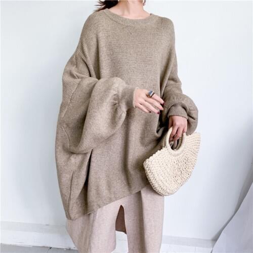 2020 Autumn New Fashion Solid Color Round Neck Pullover Bat Sleeve Large Size Long Knit Sweater Women