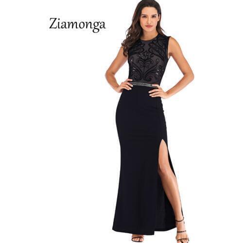 Ziamonga Women Maxi Dresses Elegant Sexy Club Party Vestidos High Split Mesh Sequins Office Lady Female Fashion Prom Long Dress