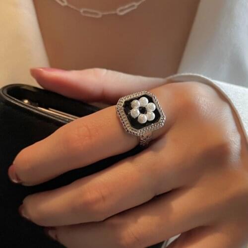 HuangTang Charming Pearl Flowers Joint Ring for Women Bohemian Black Square Geometry Alloy Metal Knuckle Ring Wedding Jewelry