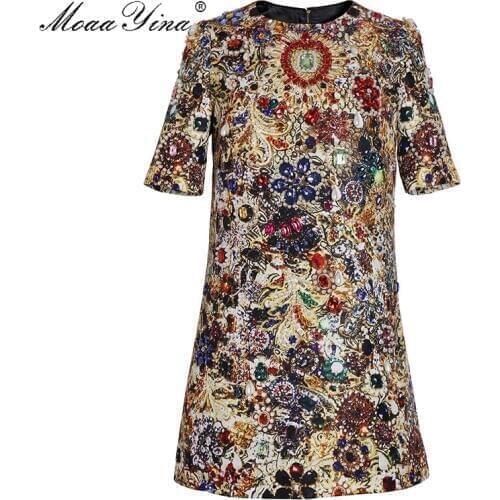 MoaaYina Fashion Designer Runway dress Spring Summer Women Dress Short sleeve Beading Diamond Vintage Dresses