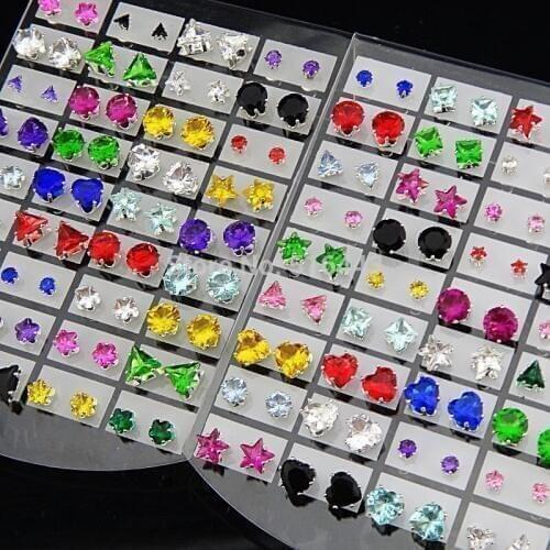 144pcs Wholesale Jewelry Lots Mix Heart Stars Round Square Cubic Zirconia Stainless Steel Fashion Stud Earrings for Womens Mens